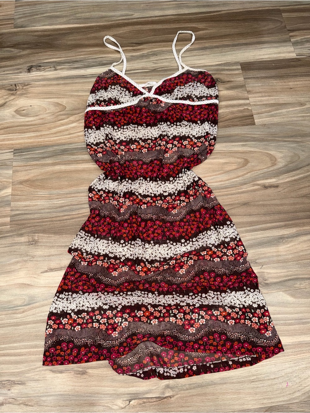 Floral Stripe Spaghetti Strap Chemise - Red & Cream